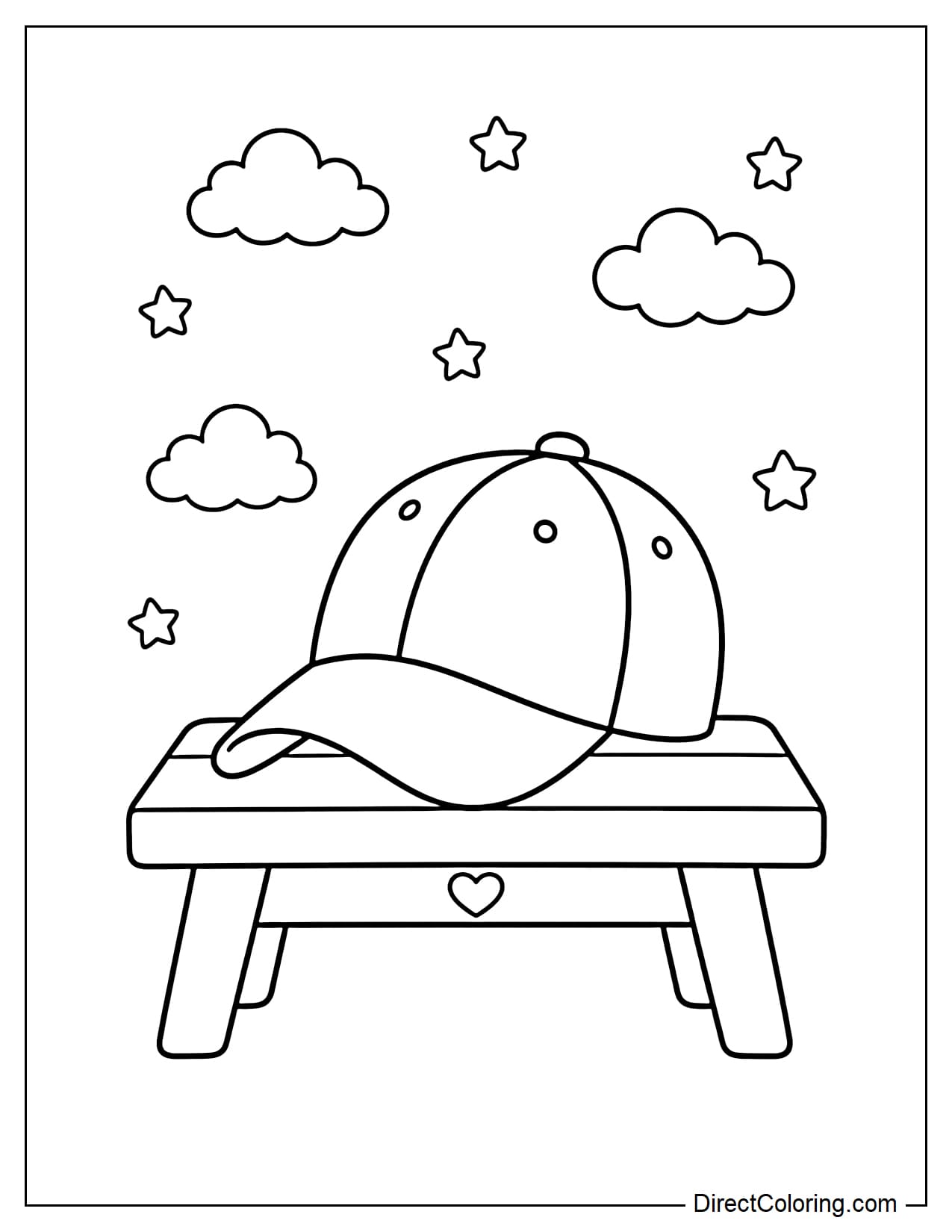 A simple baseball cap sits on a small bench, surrounded by clouds and small stars.