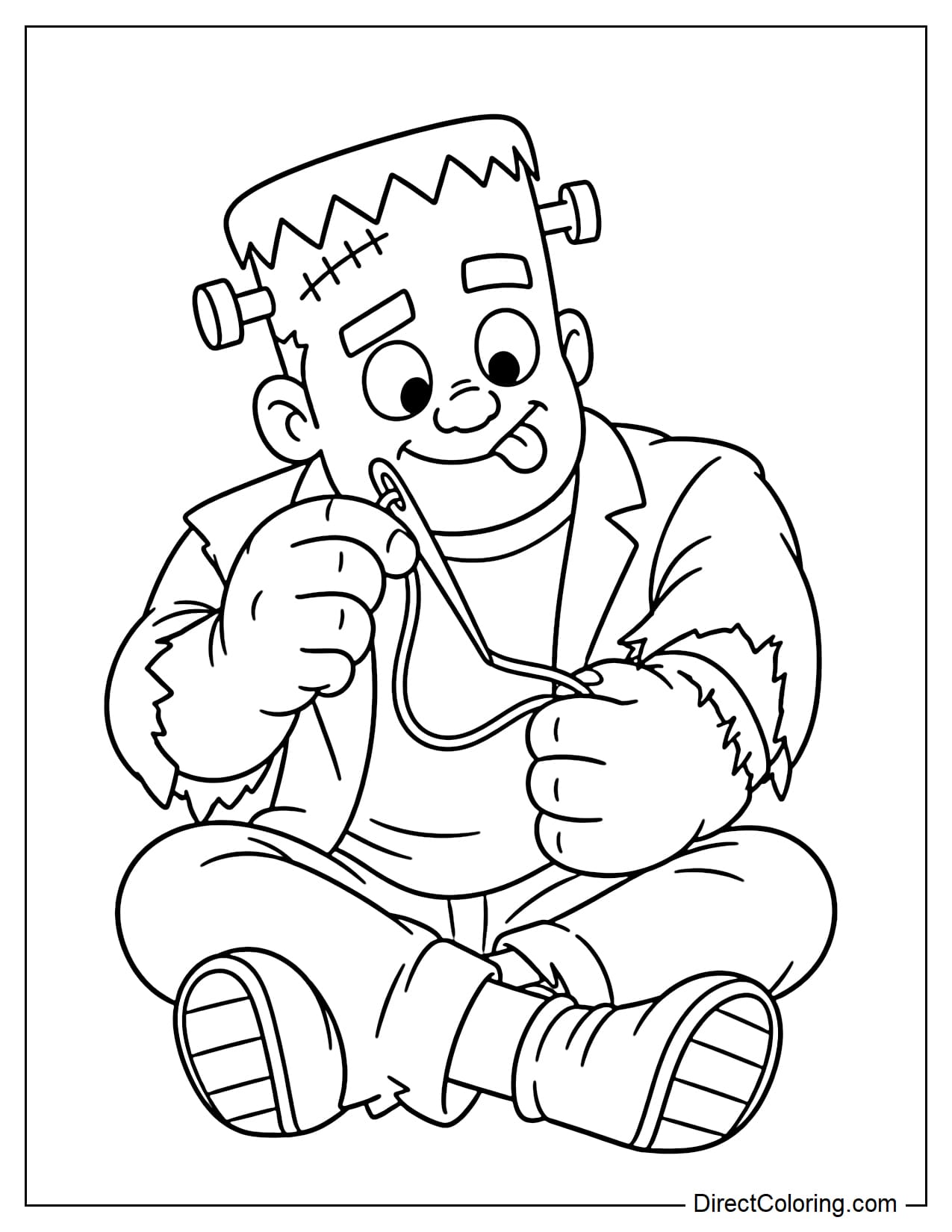Frankenstein sits carefully holding a large needle and thick thread as he tries to stitch a big tear in his sleeve.