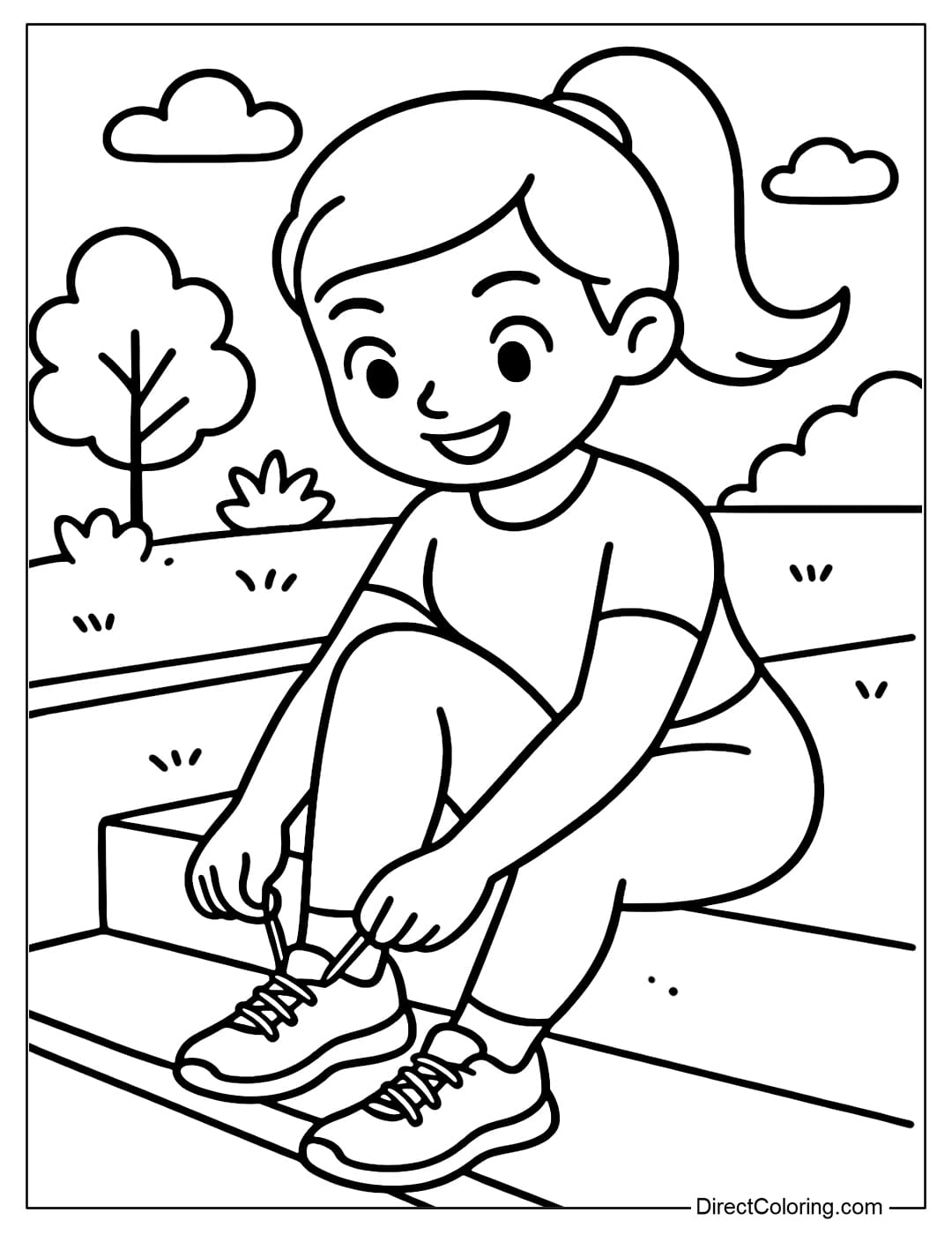 Coloring page of a girl with a neat high ponytail, sitting on the steps, concentrating on tying her shoelaces.