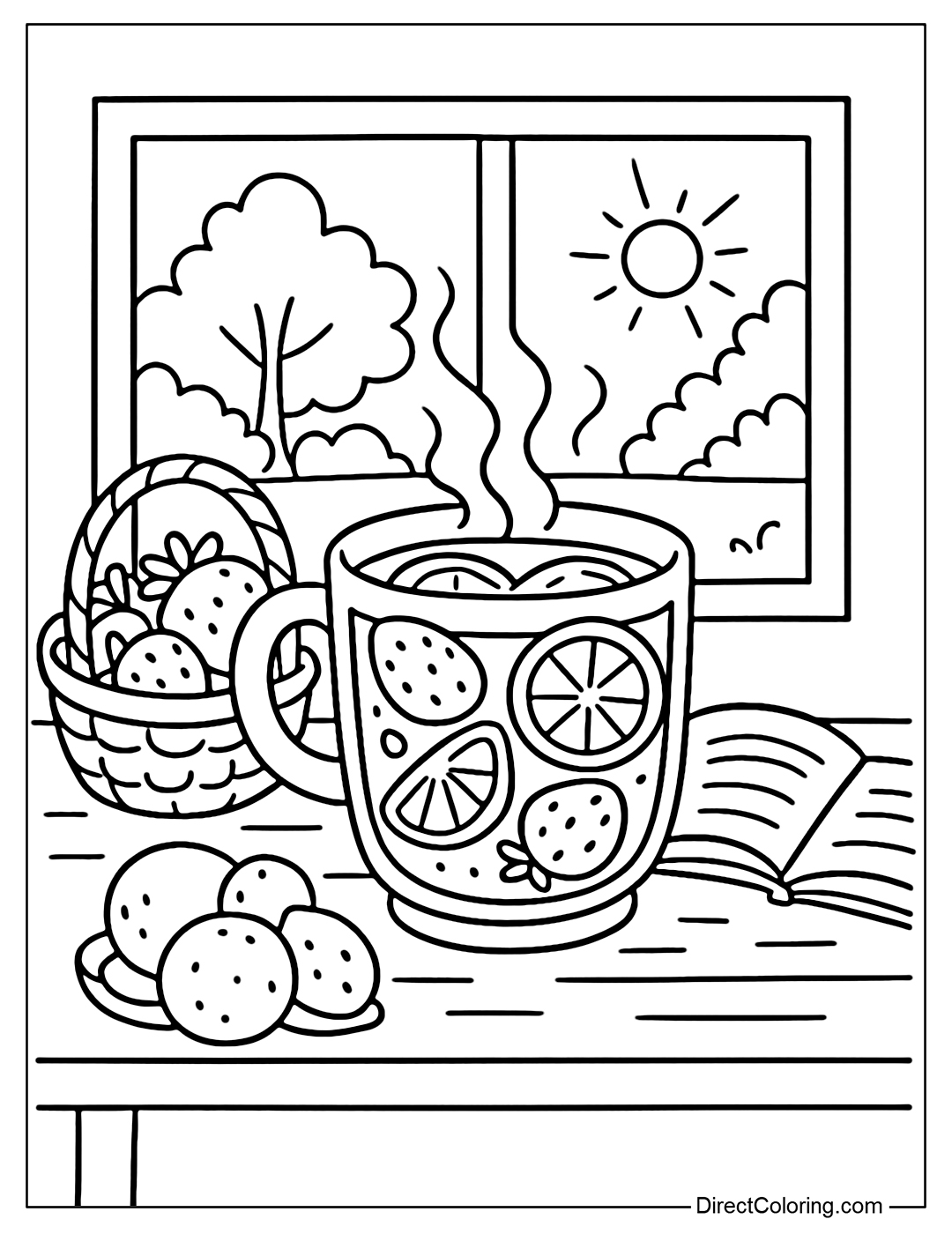 A warm fruit tea cup coloring page, placed on a small wooden table, next to it is an open book, a few oranges and strawberries.