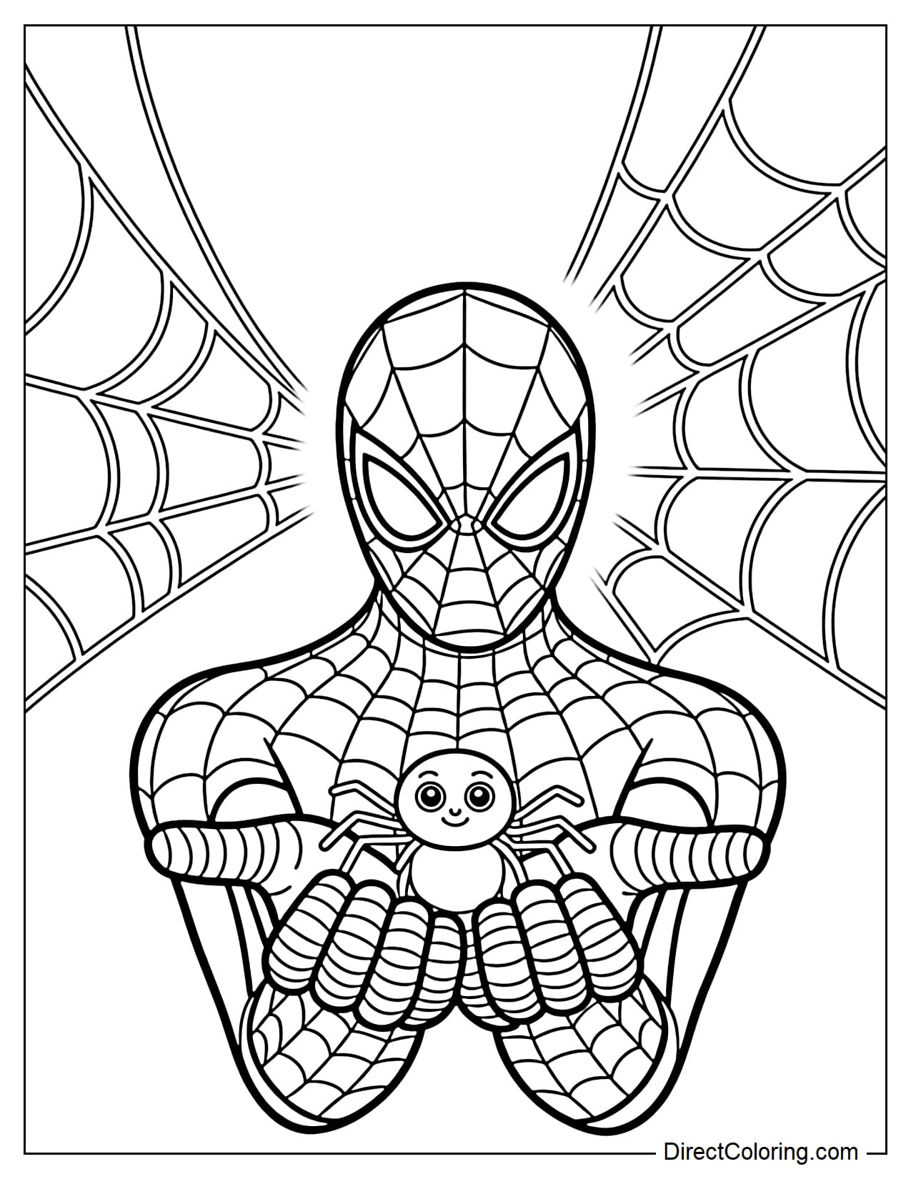 Spider-Man gently holding a cute little spider in his hand, surrounded by several large webs.