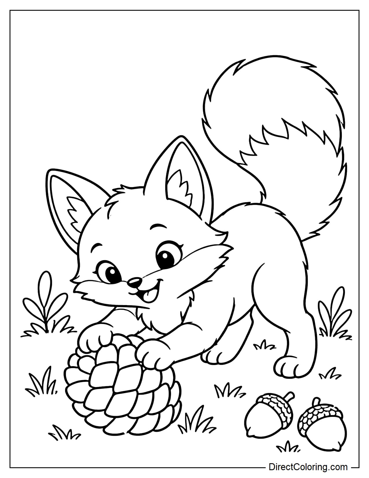 A playful baby fox bends down and uses its two front paws to play with a large pine cone on the ground, with two acorns nearby.