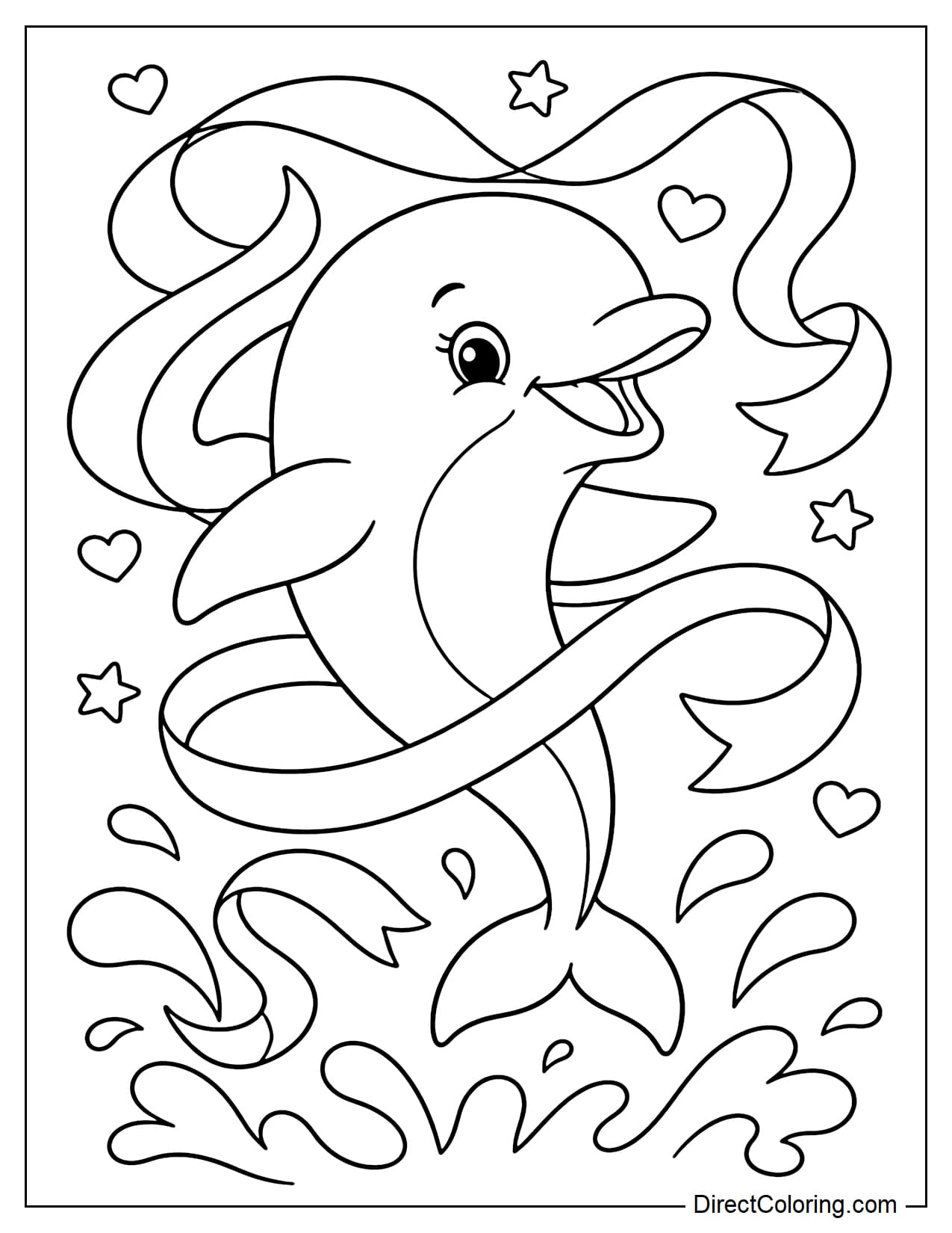 A dolphin is happily dancing with large ribbons fluttering around its body.