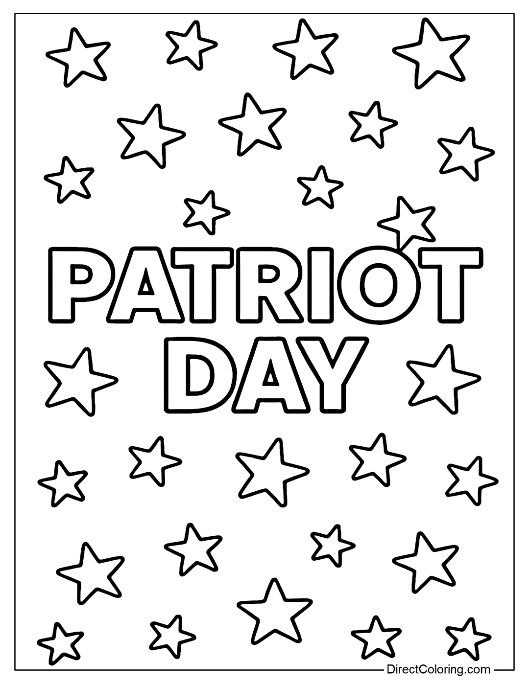 A coloring page of a starry sky, with the words Patriot Day in the middle.