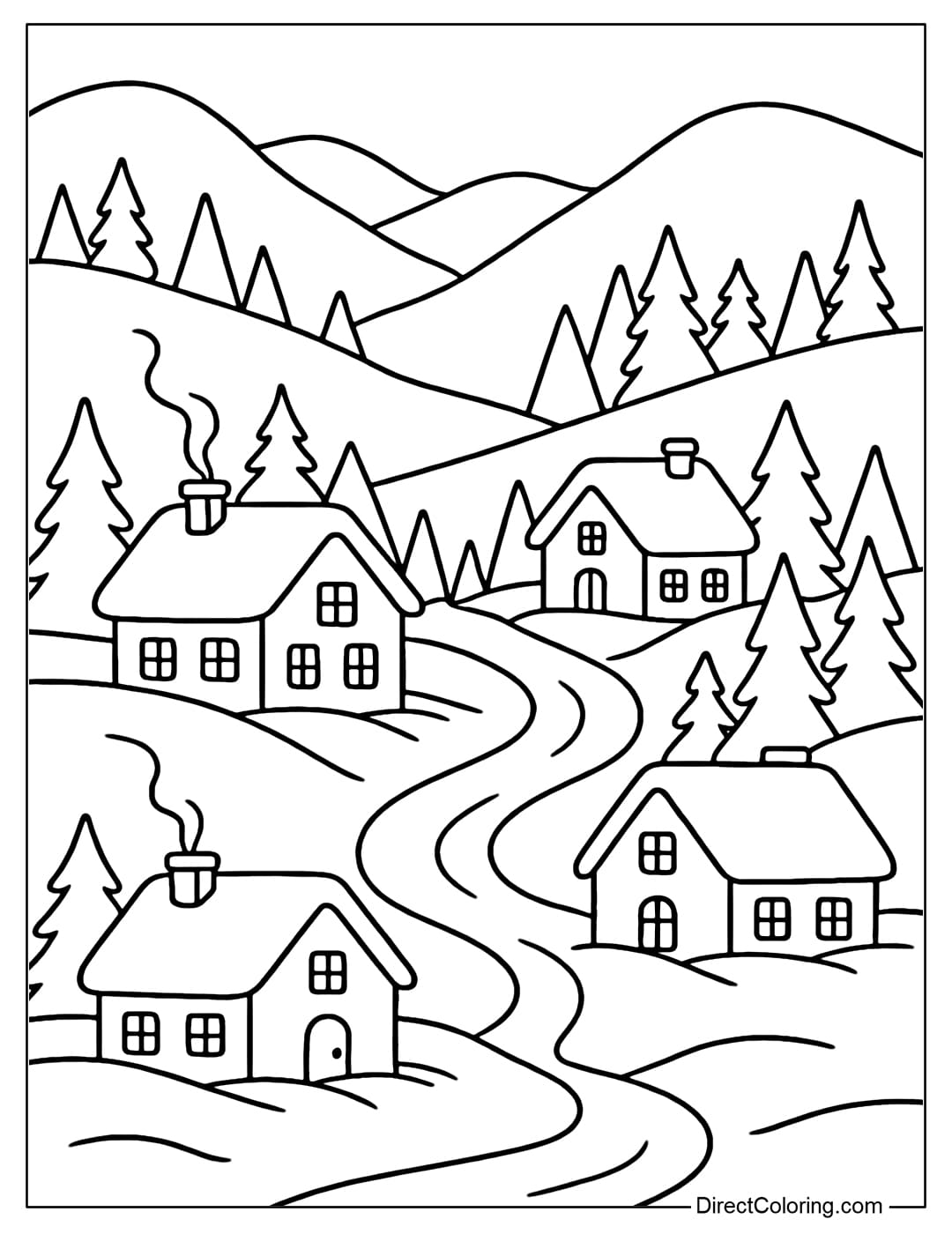 A small village coloring page in a snowy valley, houses with white roofs, yellow lights coming from the windows, a peaceful and warm scene.