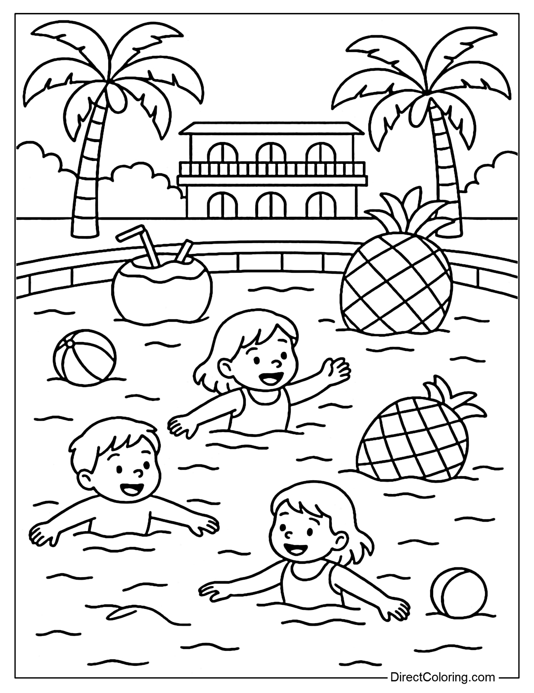 Coloring page of a large pool scene at a resort, children swimming among palm trees, pineapple floats, coconut water and water balls.