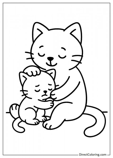 Mother cat hugging and comforting baby cat coloring page
