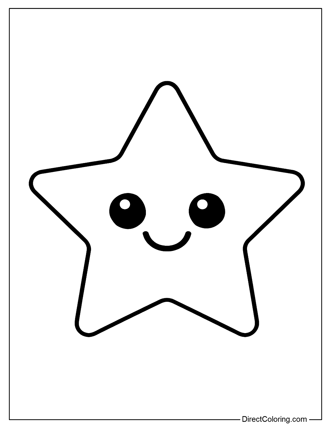 A kawaii-style star coloring page, with big round eyes and a funny smile