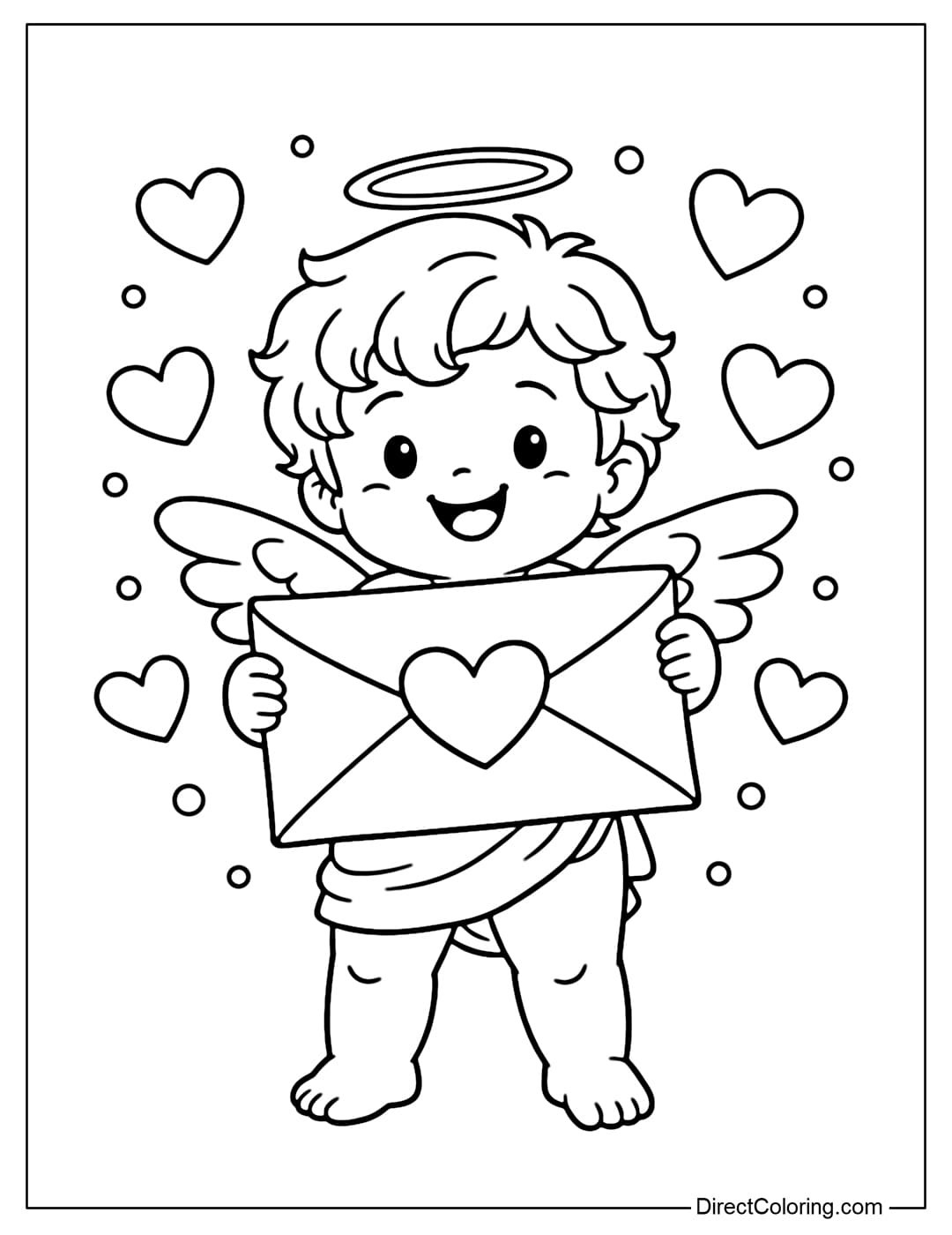 A coloring page of a Cupid holding a love letter with a heart shape, surrounded by hearts and dots.