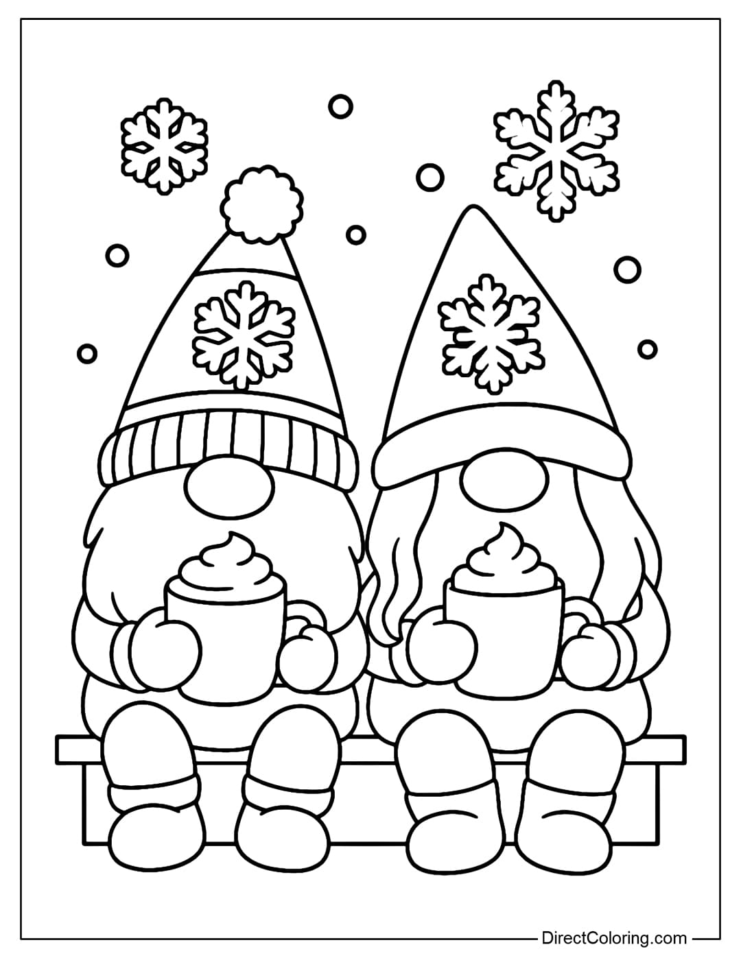 A coloring page of two winter gnomes sitting together, each holding a cup of hot cocoa.