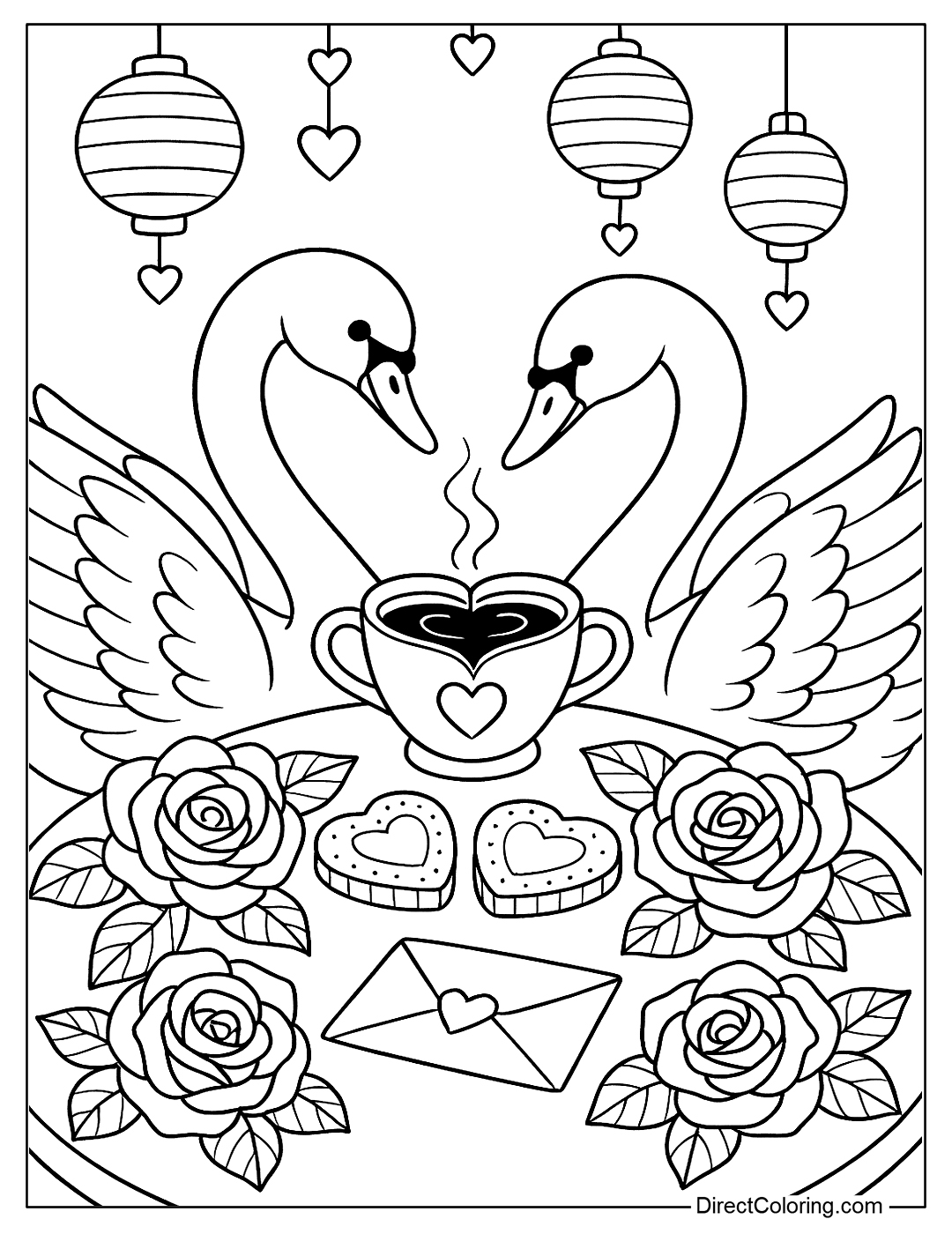 A pair of swans sitting opposite each other, drinking coffee from a heart-shaped double cup coloring sheet