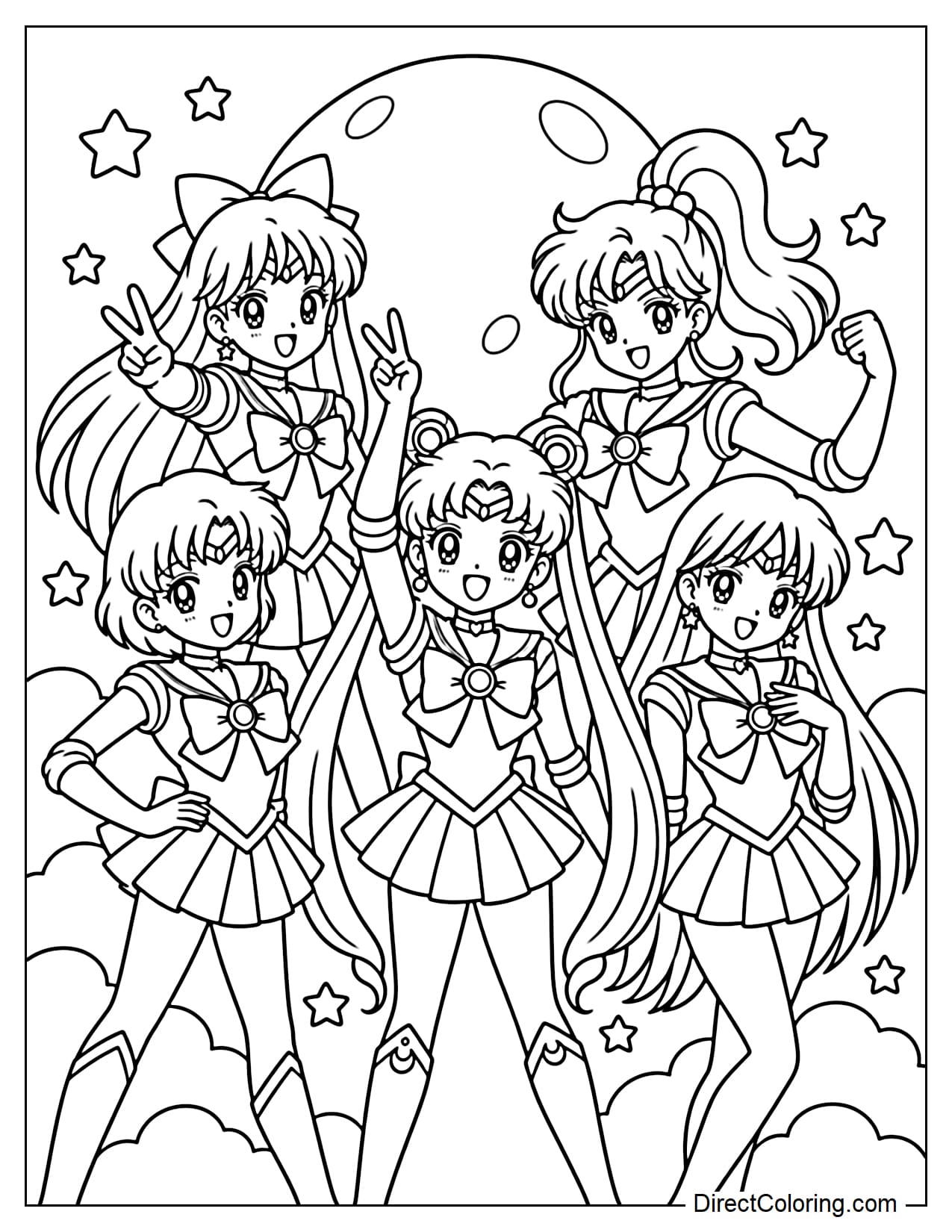The five Sailor Guardians: Sailor Moon, Sailor Mercury, Sailor Mars, Sailor Jupiter, and Sailor Venus, stand together in a cheerful group formation beneath a large moon.
