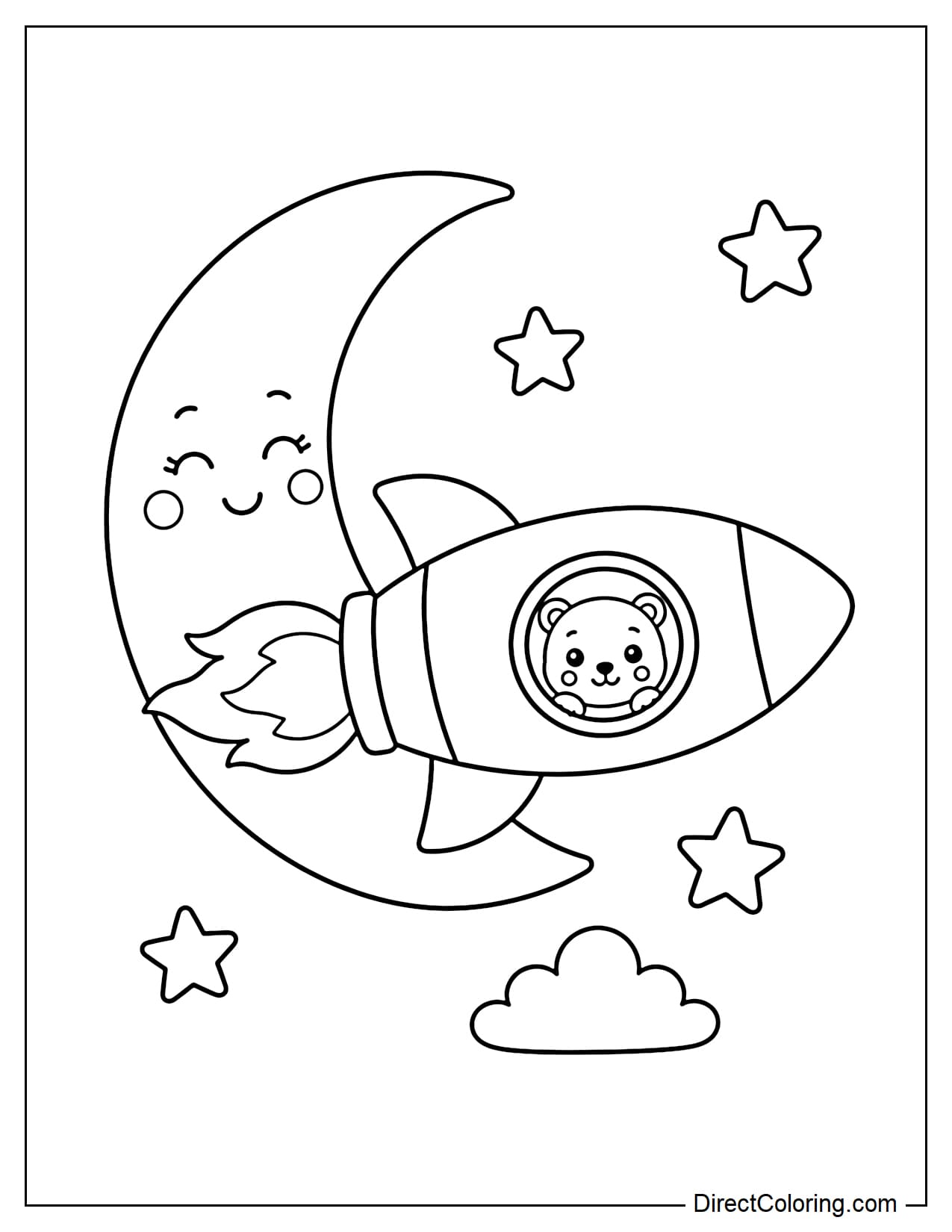 A rocket flying past a large crescent moon, surrounded by a few five-pointed stars and a small cloud.