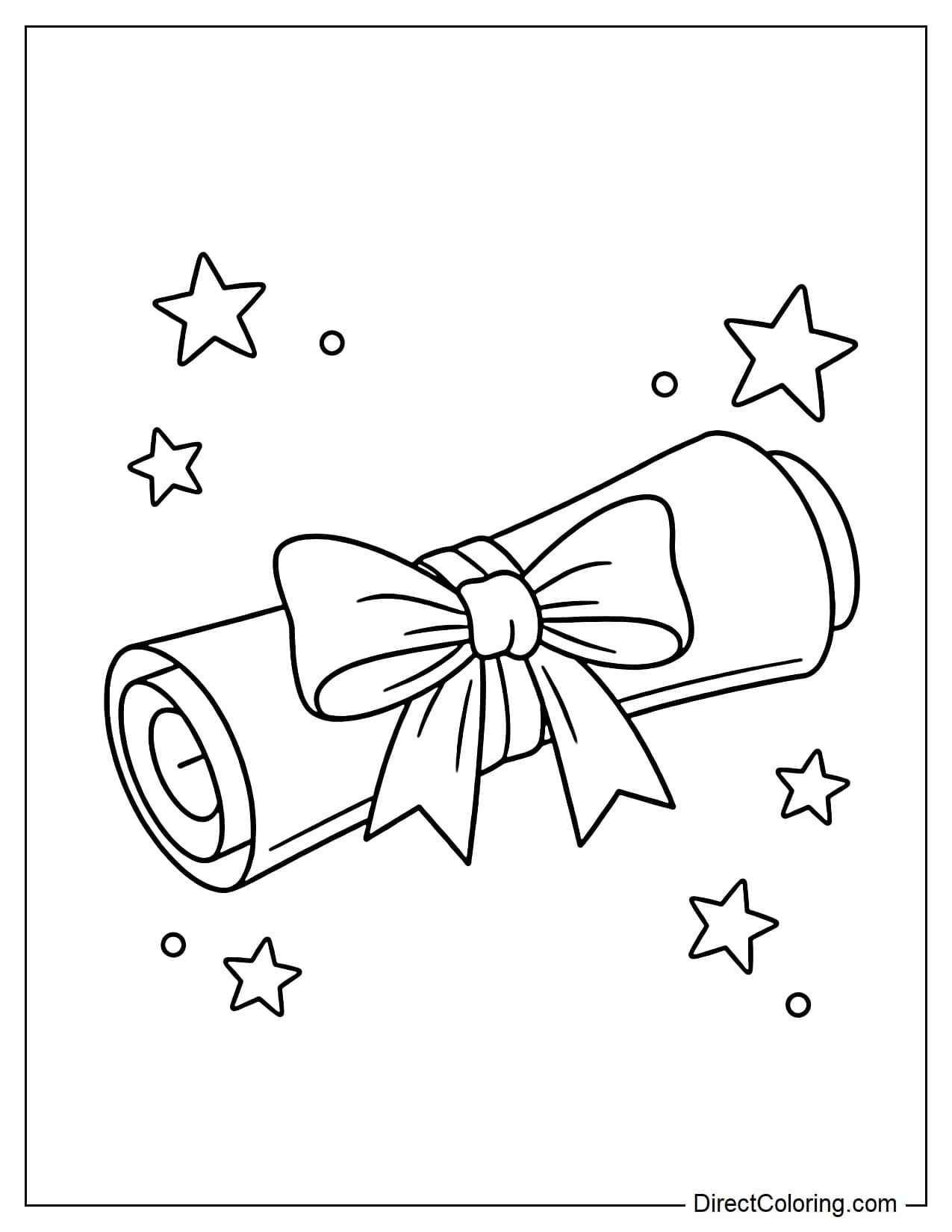 A large diploma scroll tied with a ribbon in the middle, with small stars around it.