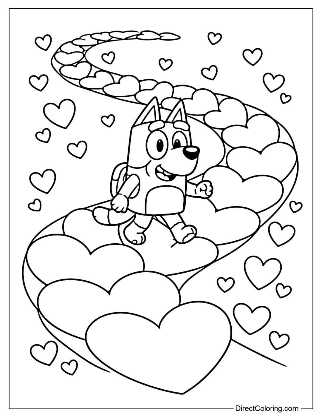 Bluey's coloring page shows a figure walking on a winding path made of interconnected hearts.