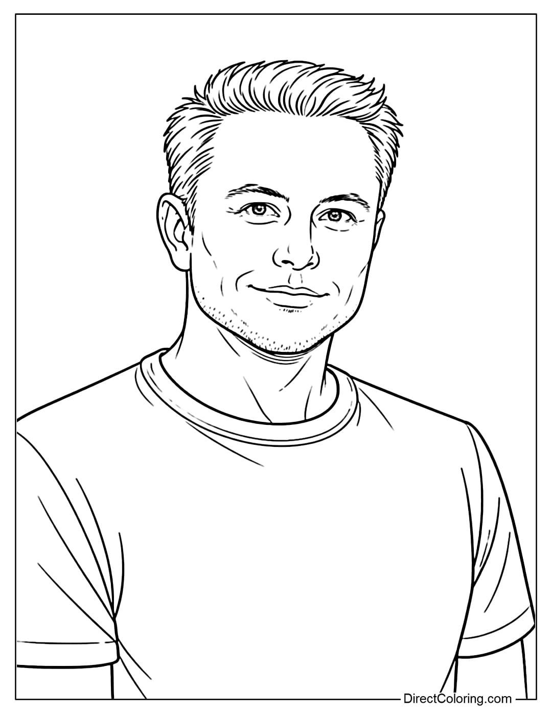 A coloring page of Elon Musk smiling slightly, wearing a t-shirt, and displaying a friendly demeanor.