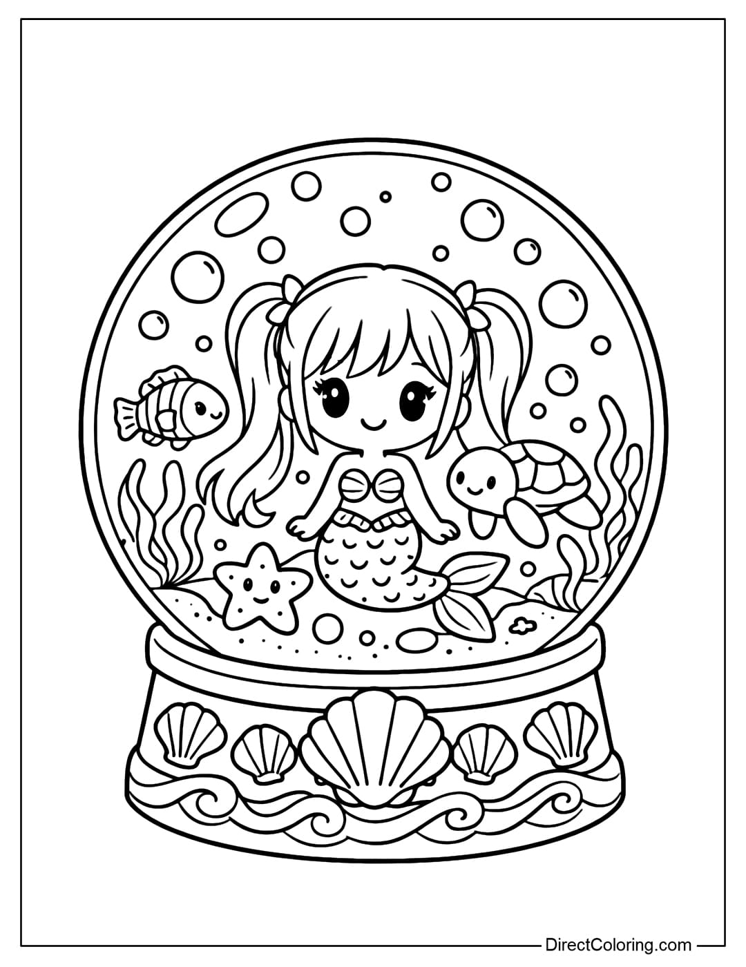 A snow globe coloring page containing a cute underwater world: a chibi mermaid, baby fish, starfish, a little turtle, and seaweed.