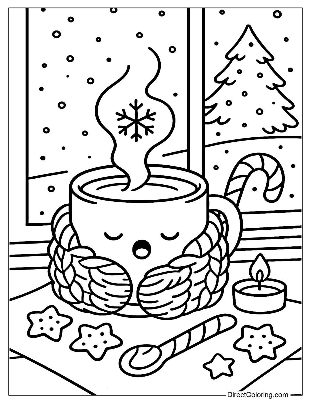 A warm cocoa cup coloring page with woolen gloves around it, the hot steam rising into a snowflake shape, next to it is a red and white lollipop.