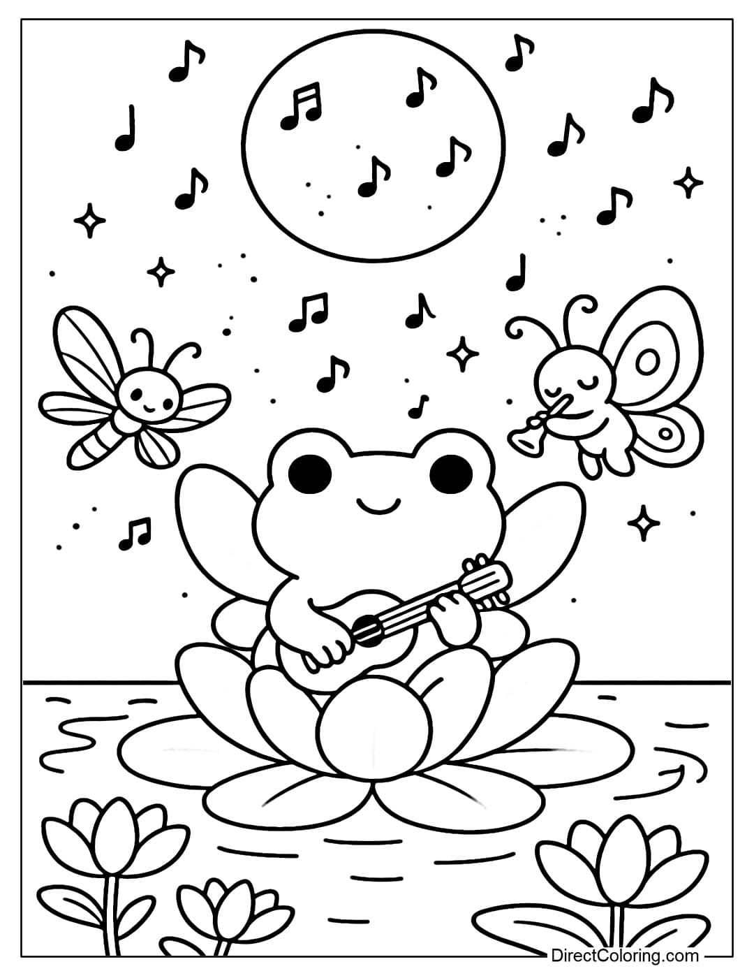 A coloring page of a transparent-winged frog playing the piano, with dragonflies and butterflies playing the flute.