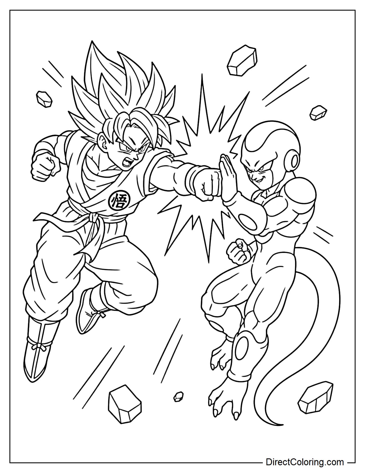 Super Saiyan Blue Goku is battling Golden Frieza in Dragon Ball Super.