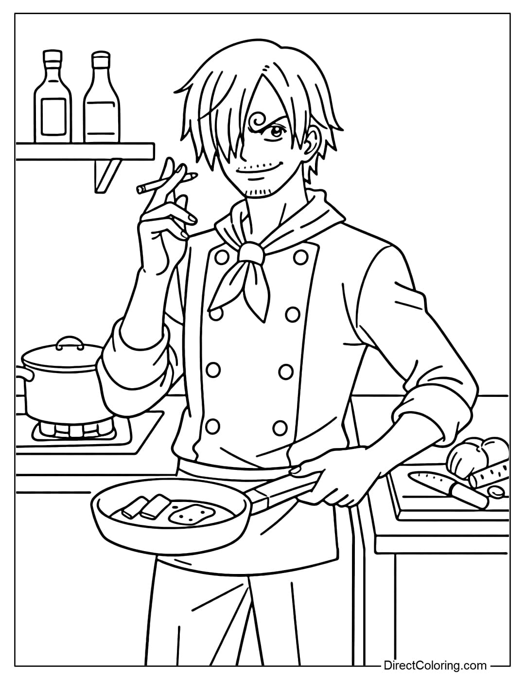 Vinsmoke Sanji is standing in the kitchen, one hand holding a pan, the other holding a cigarette.