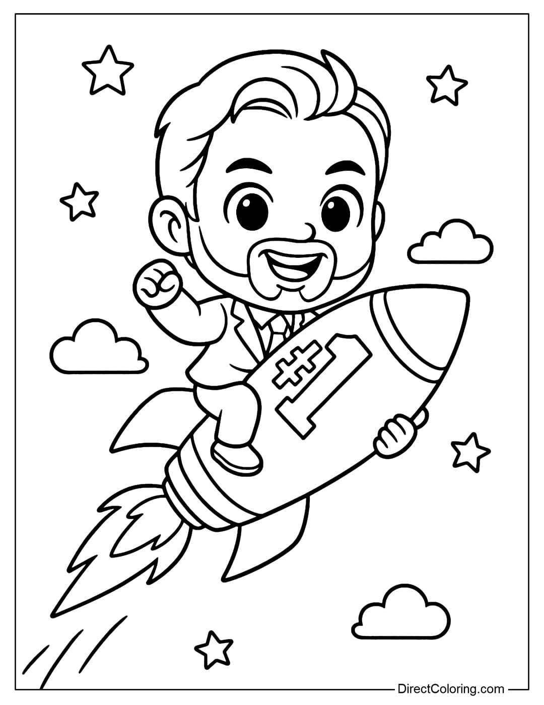 Chibi Larry Ellison Coloring Page Coloring page Chibi Larry Ellison rides a rocket with the number