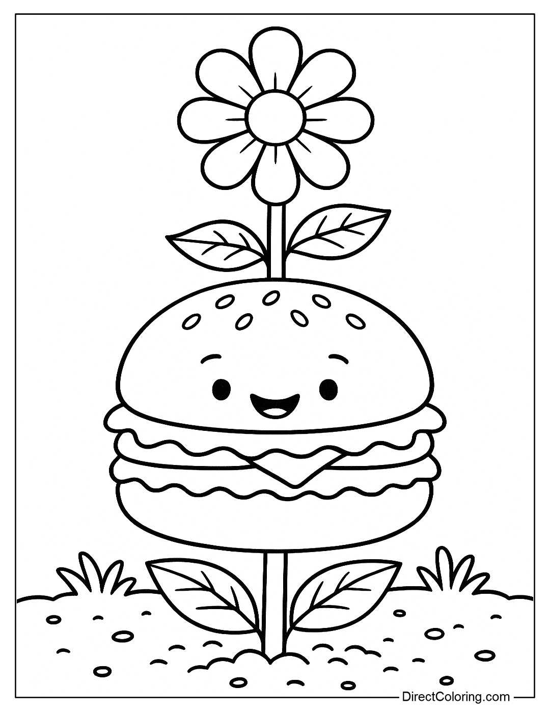 Coloring page of hamburgers growing in the garden like plants, with petals and leaves