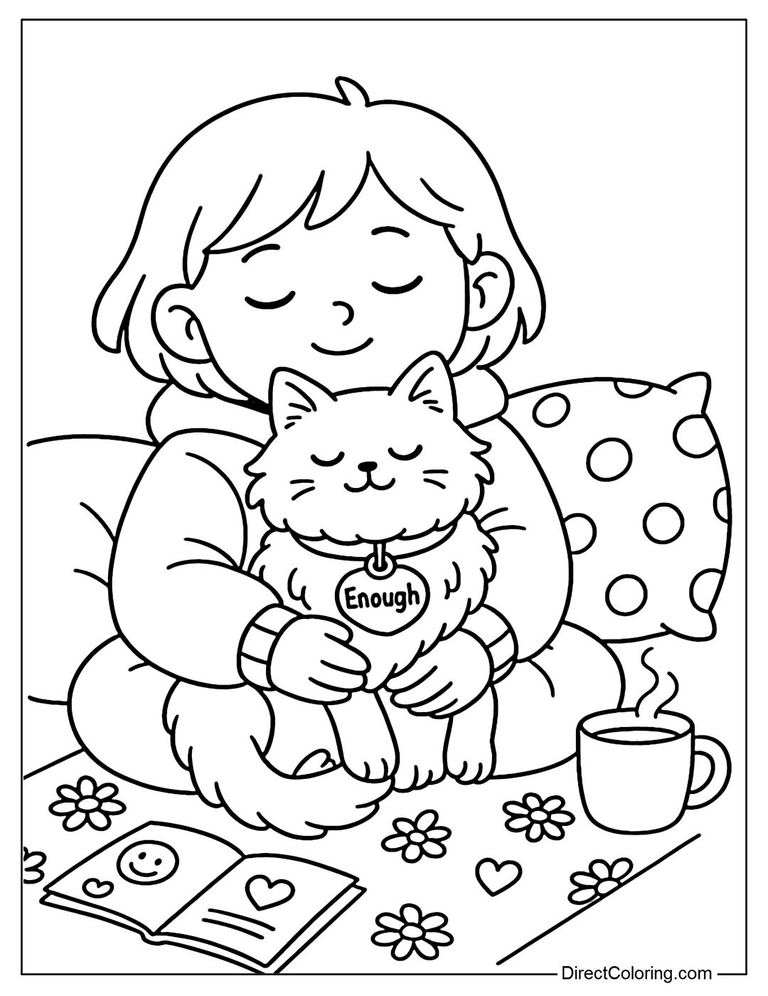 Coloring page of little cat hugging with Enough tag on its collar.