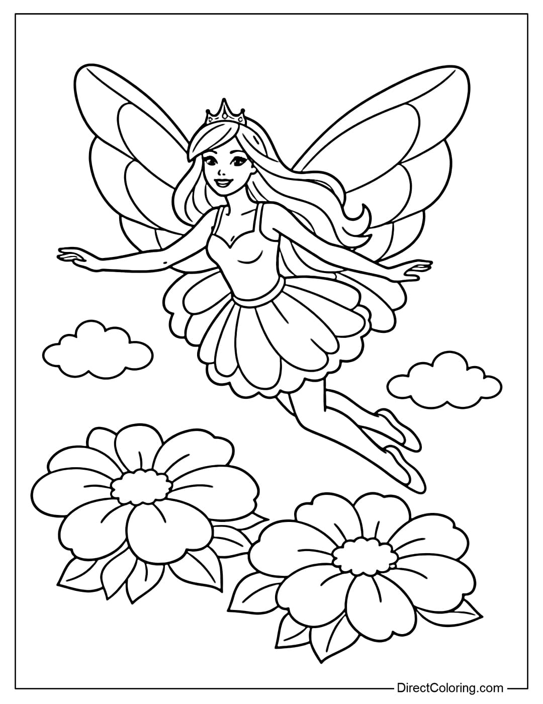 Barbie fairy with big wings, gently flying above some large flowers.