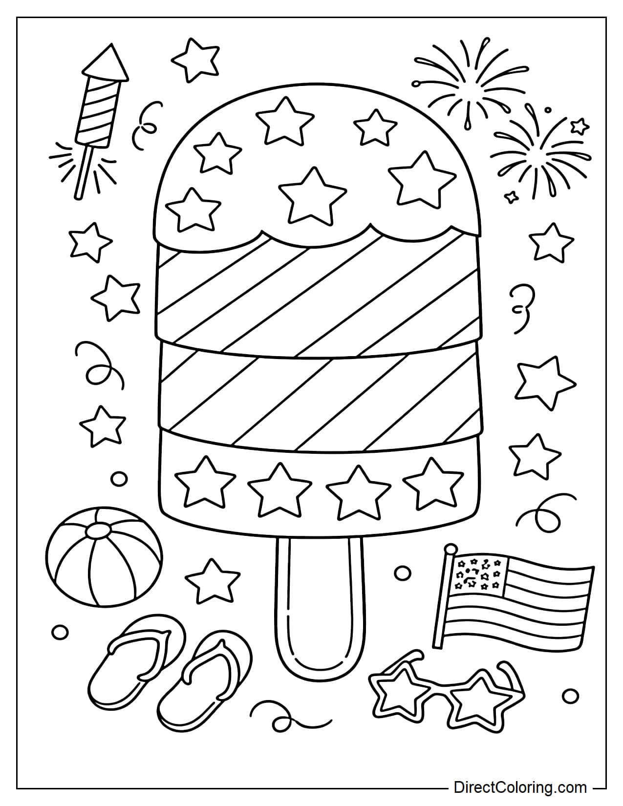 A large ice cream cone with layers decorated with simple stripes and stars for Memorial Day.