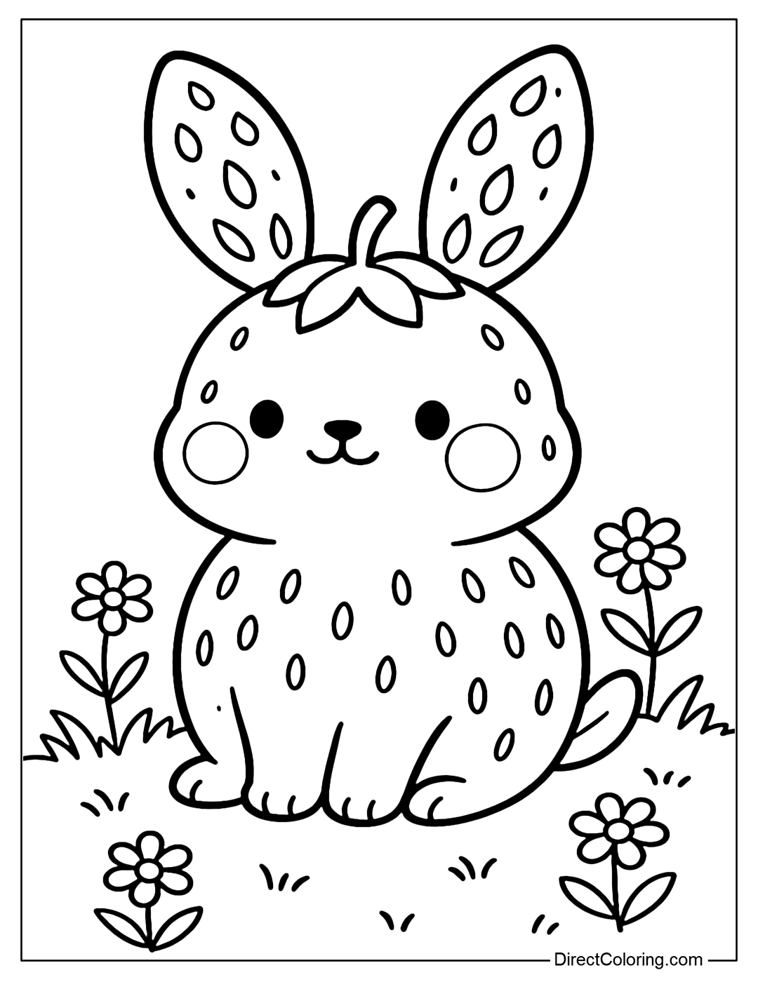 Strawberry bunny coloring page, round body and rosy cheeks like ripe strawberries. The background is grass and small flowers.