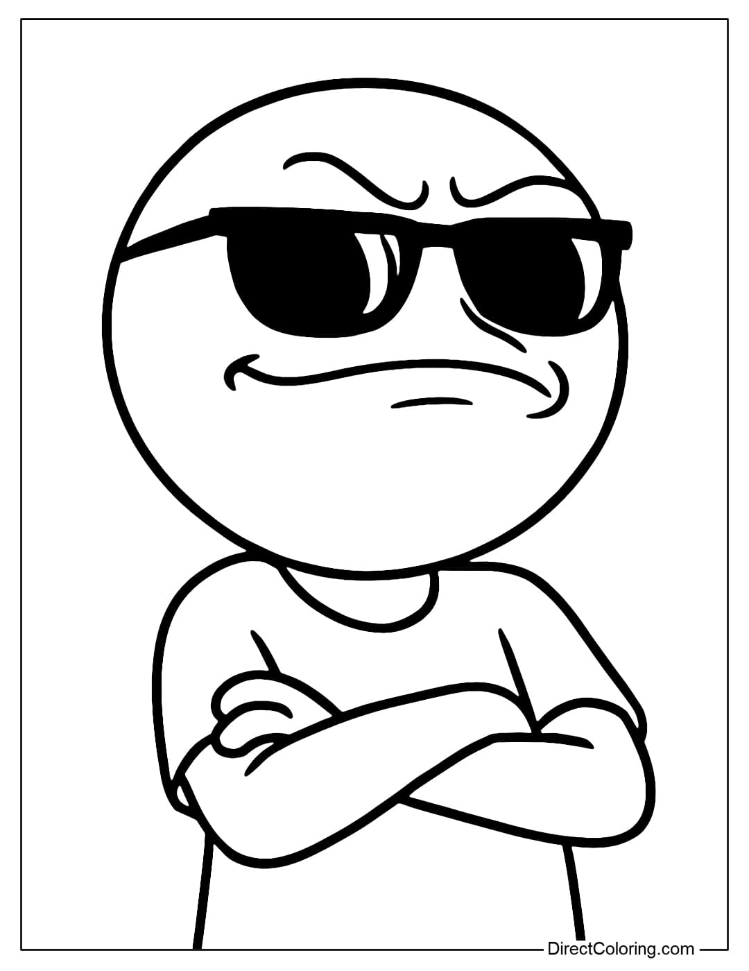 Coloring page of character wearing cool sunglasses, funny meme style.