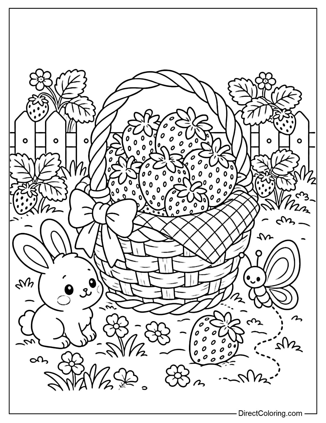 Coloring page of a basket full of freshly picked strawberries in the garden.
