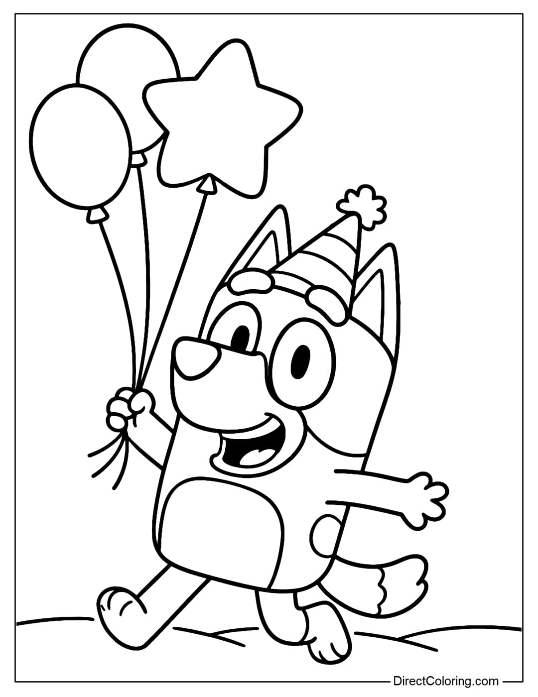 Bluey Coloring Page wearing a slightly crooked birthday hat, holding 3 round balloons and a star in his hand.