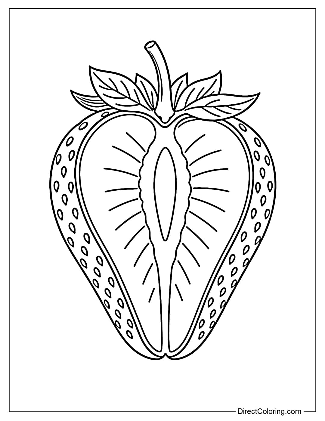 A coloring page of a strawberry cut open to reveal the inside.