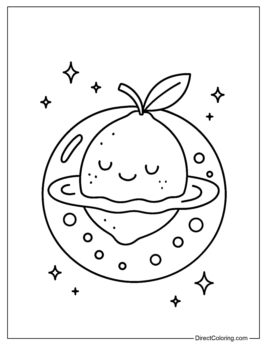 A lemon coloring page floating in cool water bubbles and surrounded by a few small stars.