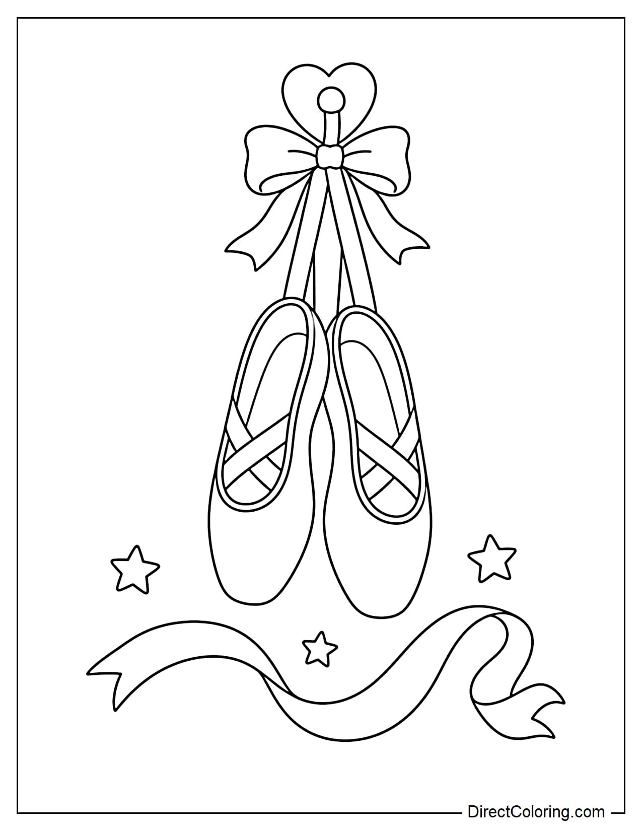 A pair of ballet shoes tied with flowing ribbons and hanging from a small hook, with a few tiny stars and a gently curved ribbon below.