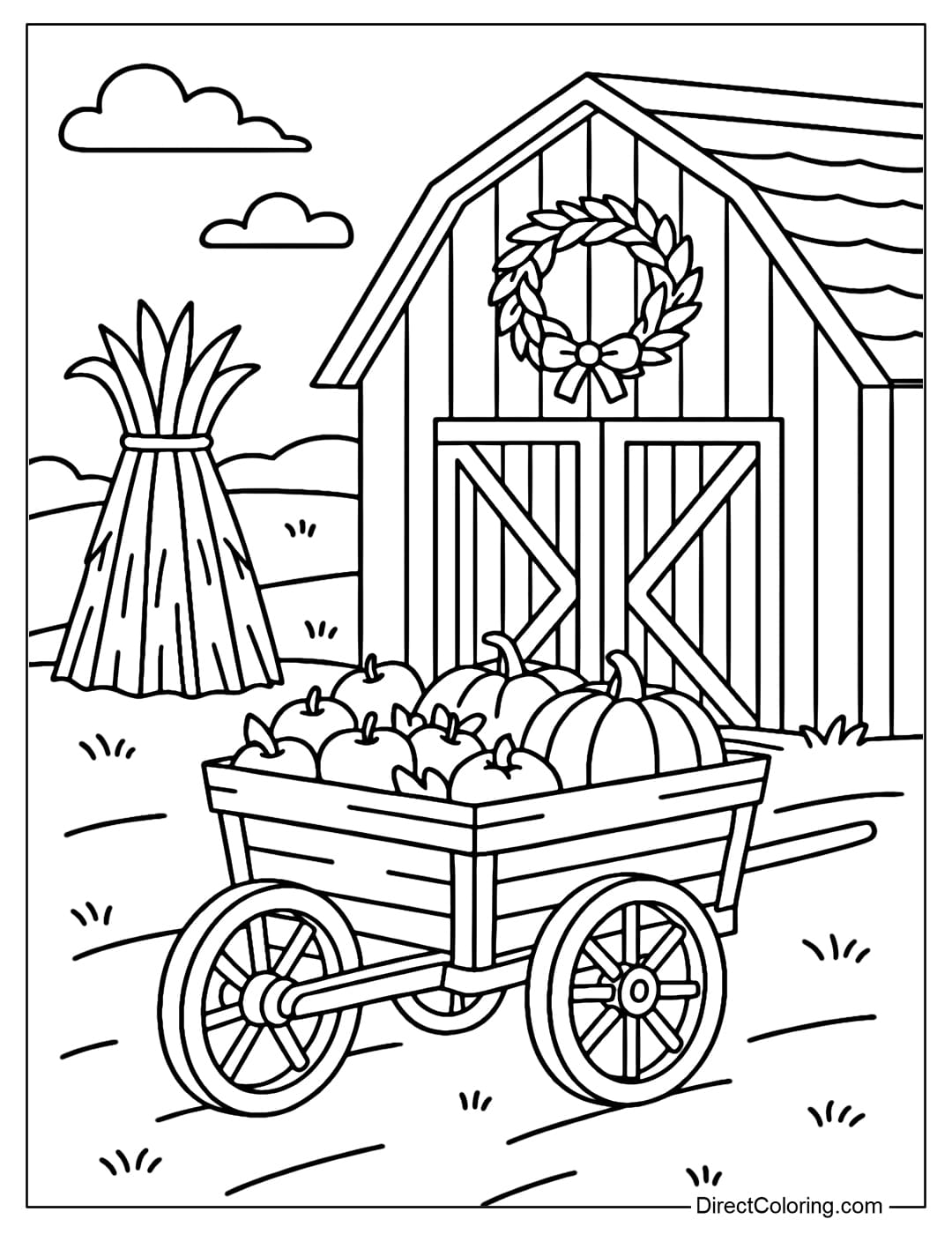 A coloring page of an autumn farm scene with hay bales, a fruit wagon and a wreath of dried leaves.