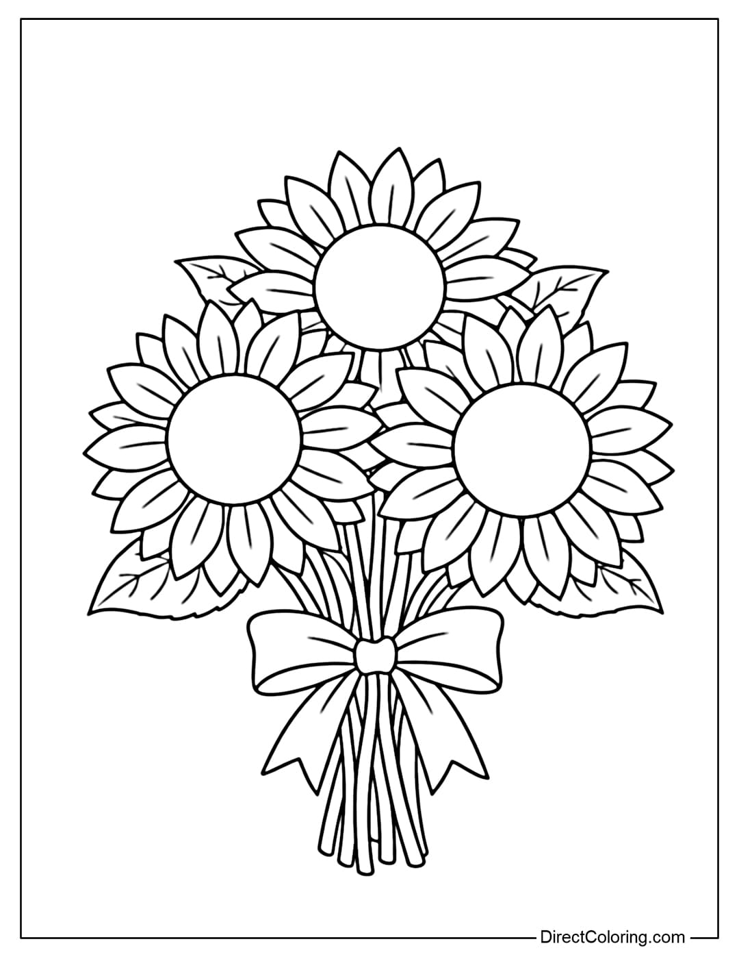 Coloring page of a sunflower bouquet, each flower with large petals and a large round center, tied low with ribbon.