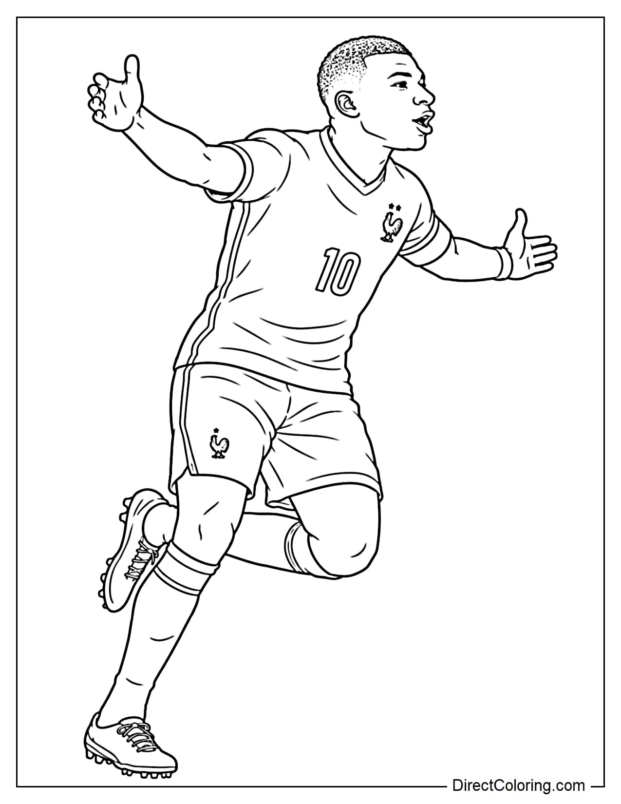 Kylian Mbappé, wearing a number 10 football jersey, is running to celebrate after scoring a goal, arms outstretched to the sides, one leg slightly lifted behind him, his face beaming with joy and confidence.