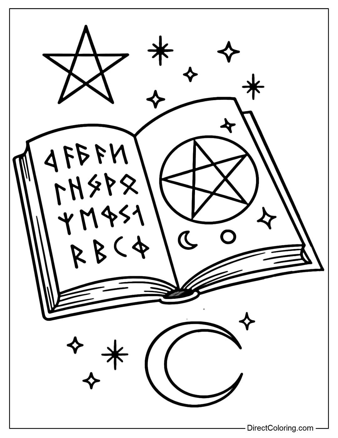Coloring page of an expanded spell book with ancient symbols, stars and magic circles.