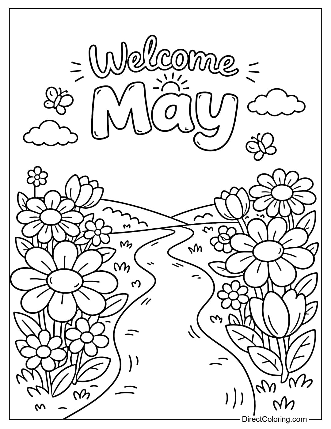 A simple coloring page of a small path with large flowers on either side, with the words 