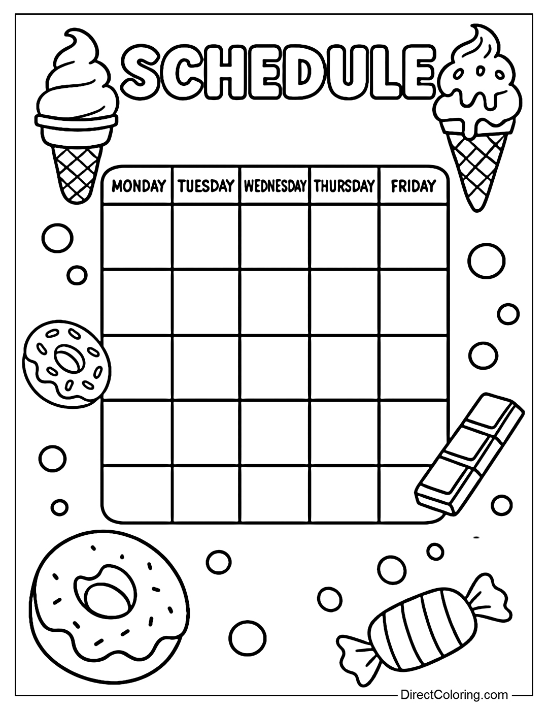 A sweet schedule coloring page with ice cream, donuts and chocolates for studying.