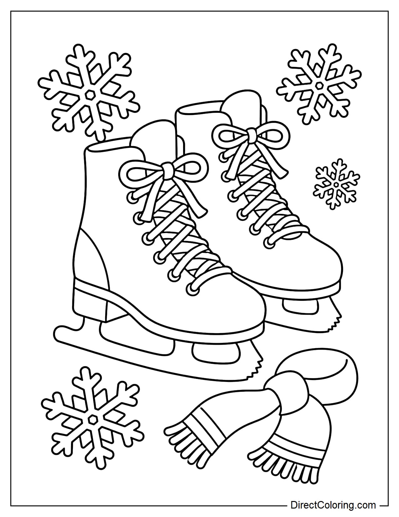 A pair of ice skates with clearly defined blades and neatly tied laces, surrounded by several large snowflakes and a small scarf.