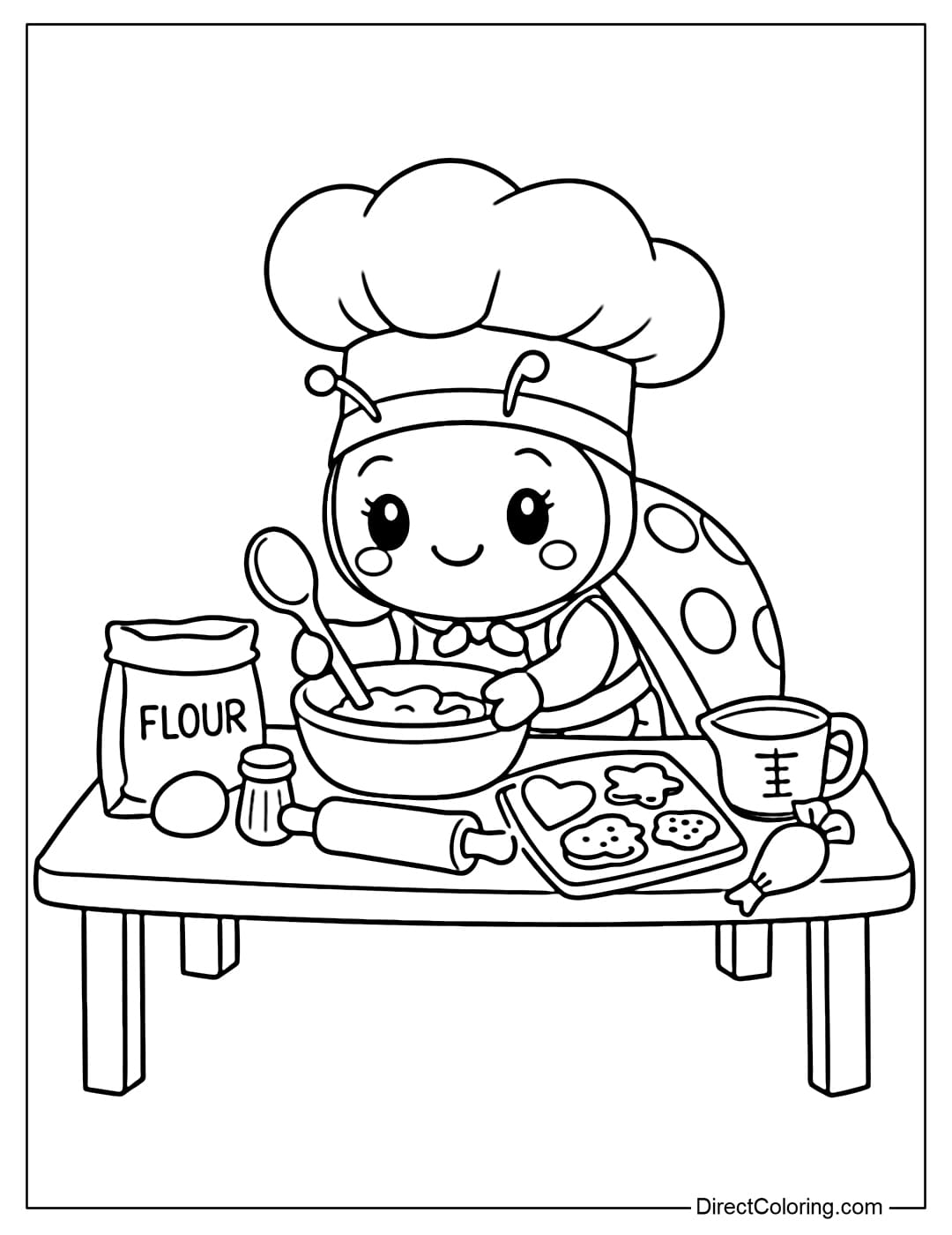 A coloring sheet featuring a ladybug wearing a chef's hat baking on a small table with some utensils.