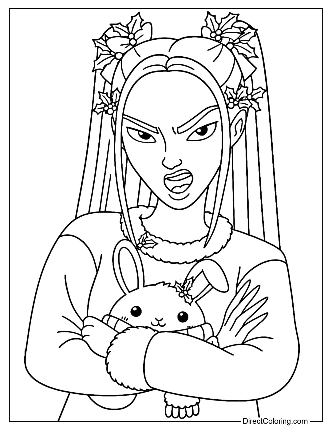 Kpop Demon Hunters Mira coloring page. Mira wears a fur-trimmed Christmas dress and her hair is decorated with many holly leaves.