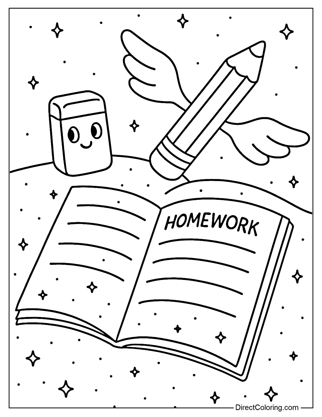 Coloring page of a magical homework kit: a pen with wings, a talking eraser, a notebook that automatically displays words, placed on the desk covered with small stars.