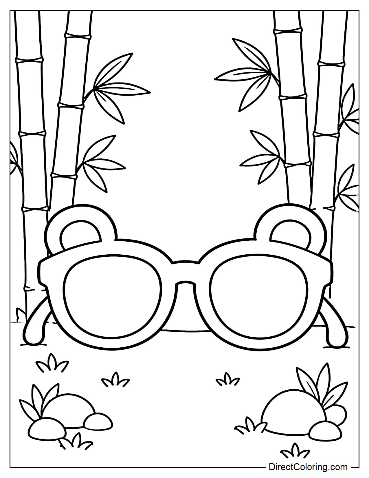 A pair of panda-shaped sunglasses, with small, round panda ears on either side of the frame, and a simple bamboo forest background with a few straight bamboo stalks and leaves.