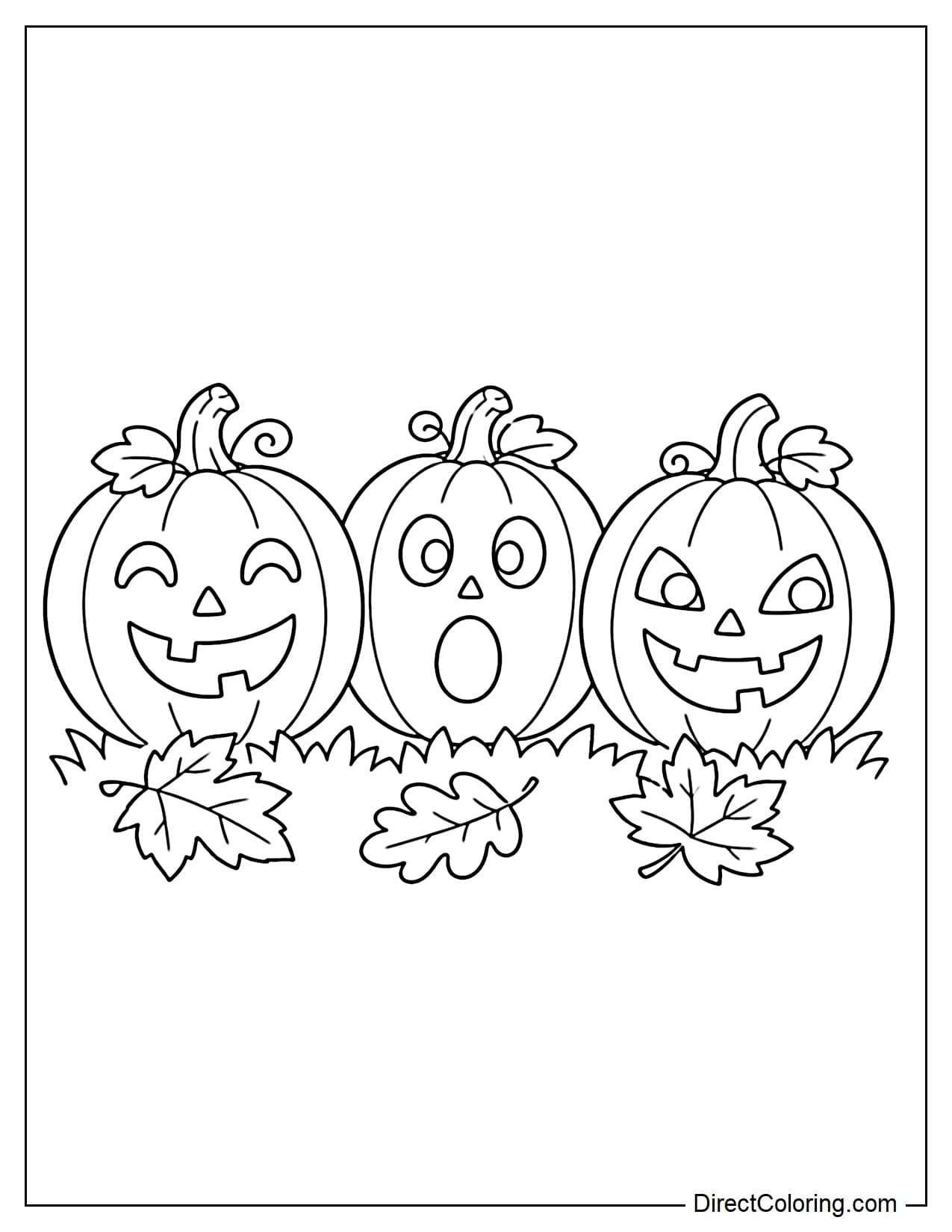 Three large jack-o'-lanterns standing side by side, each with a different expression: happy, surprised, and playful, with a patch of grass below.