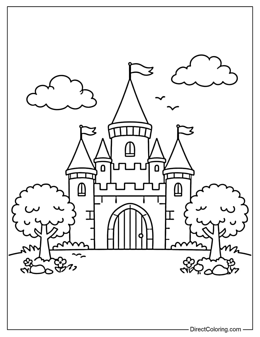 Coloring page of a simple castle with two small round trees standing on either side, creating a cute scene.